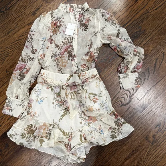 Zimmermann Floral Sheer Blouse and Short Set - Picture 1 of 9